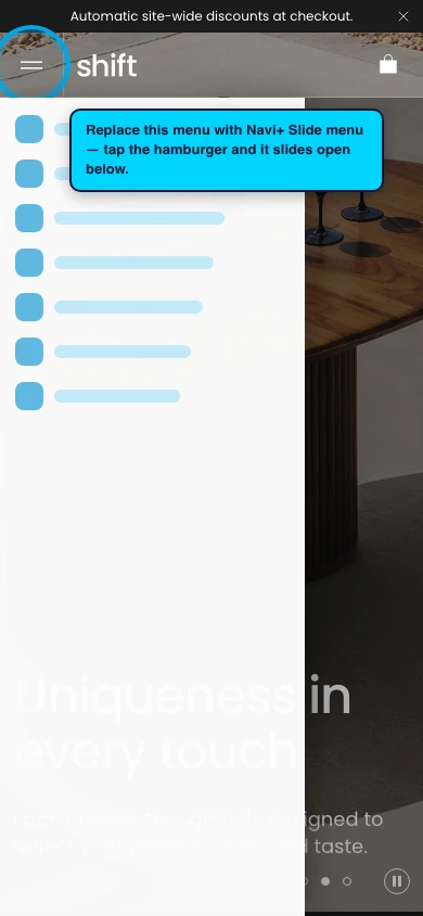 Navi+ Slide Menu on the Shift Shopify theme Navi+ Slide Menu on the Shift Shopify theme