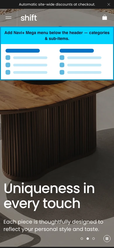 Navi+ mobile Mega Menu on the Shift Shopify theme Navi+ mobile Mega Menu on the Shift Shopify theme