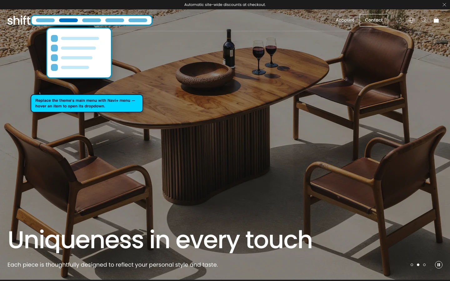Navi+ Mega Menu replacing the desktop menu on the Shift Shopify theme Navi+ Mega Menu replacing the desktop menu on the Shift Shopify theme