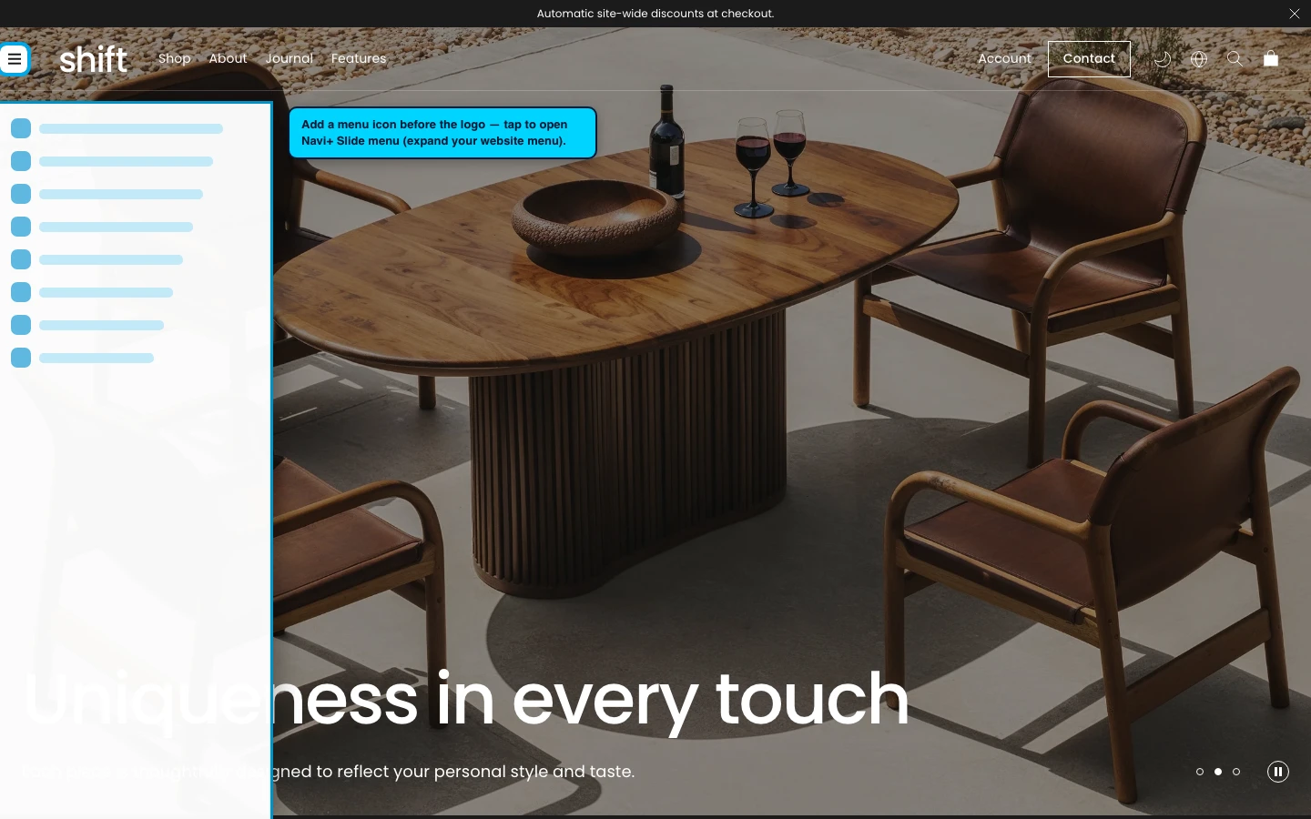 Navi+ trigger icon before the logo on the Shift Shopify theme Navi+ trigger icon before the logo on the Shift Shopify theme