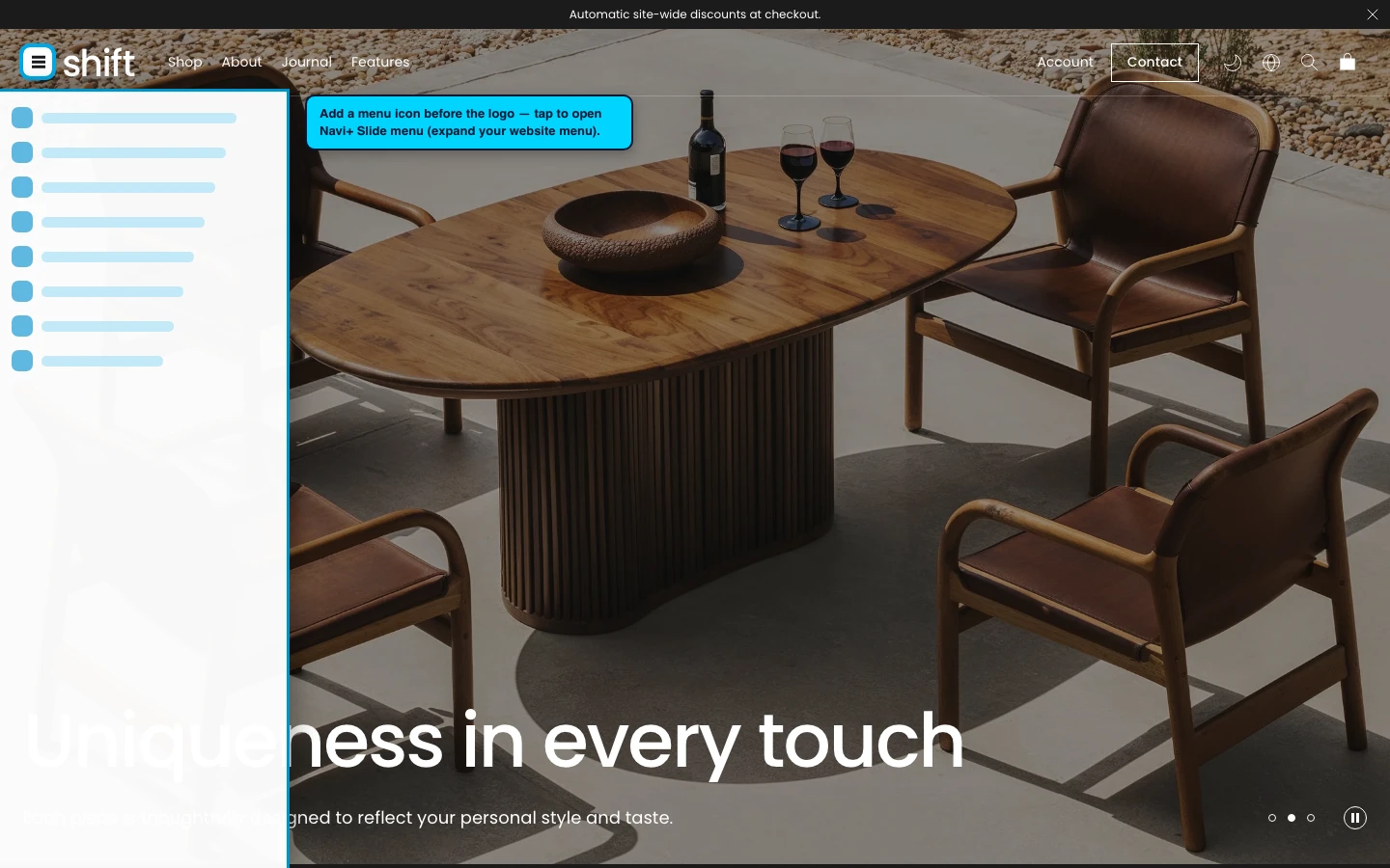 Navi+ trigger icon before the logo on the Shift Shopify theme Navi+ trigger icon before the logo on the Shift Shopify theme