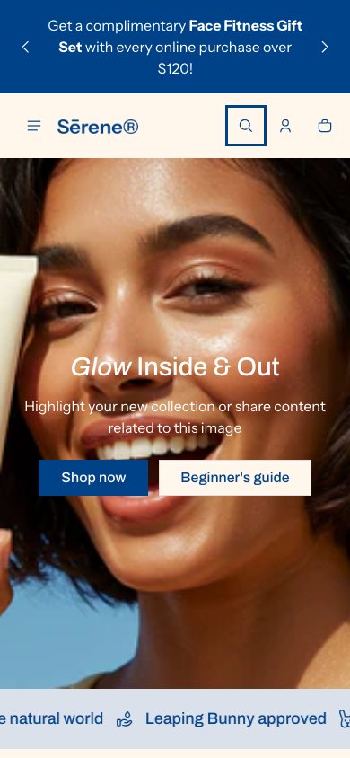 Search → panel opened — Navi+ on the Shine Shopify theme