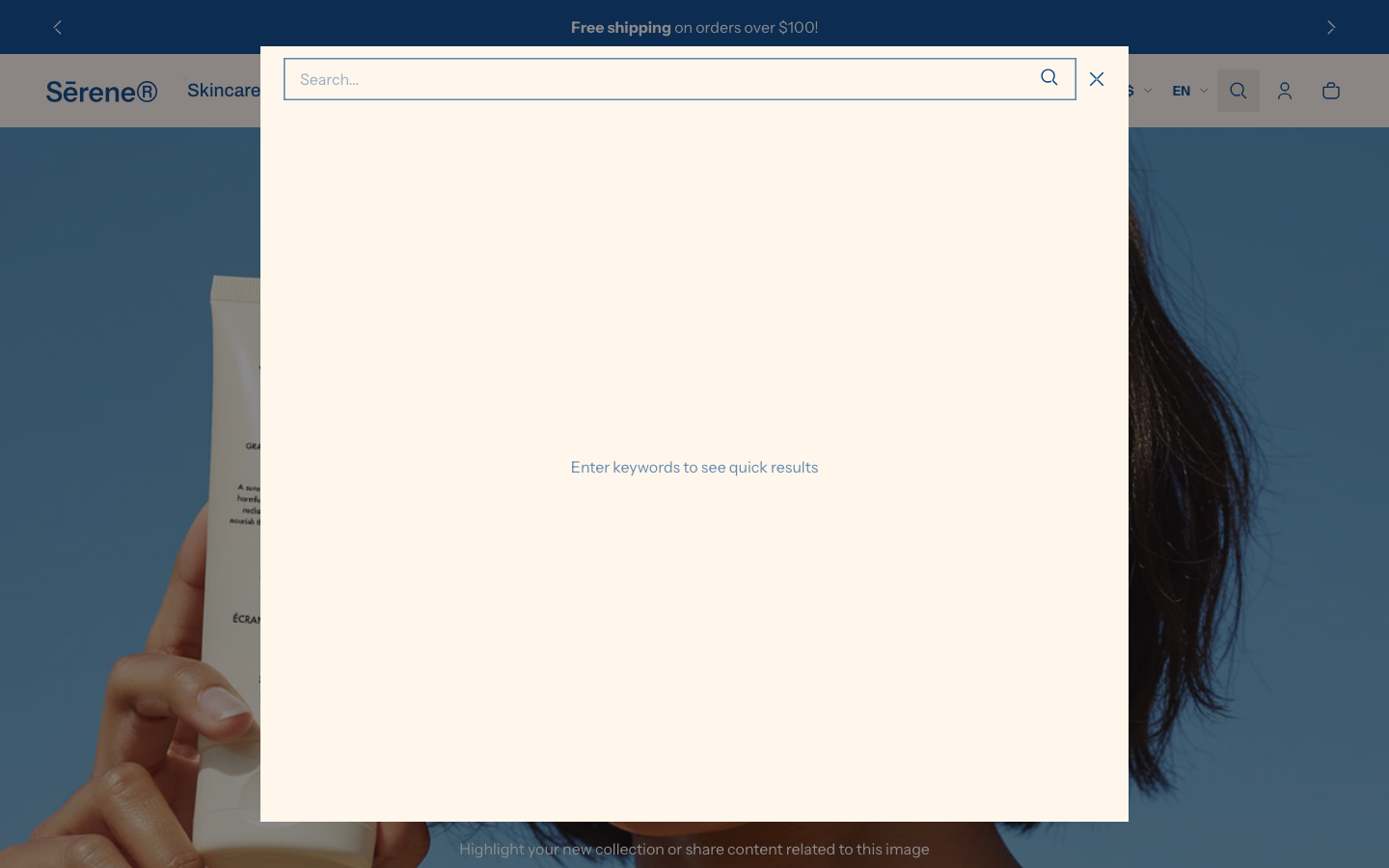 Search → panel opened — Navi+ on the Shine Shopify theme