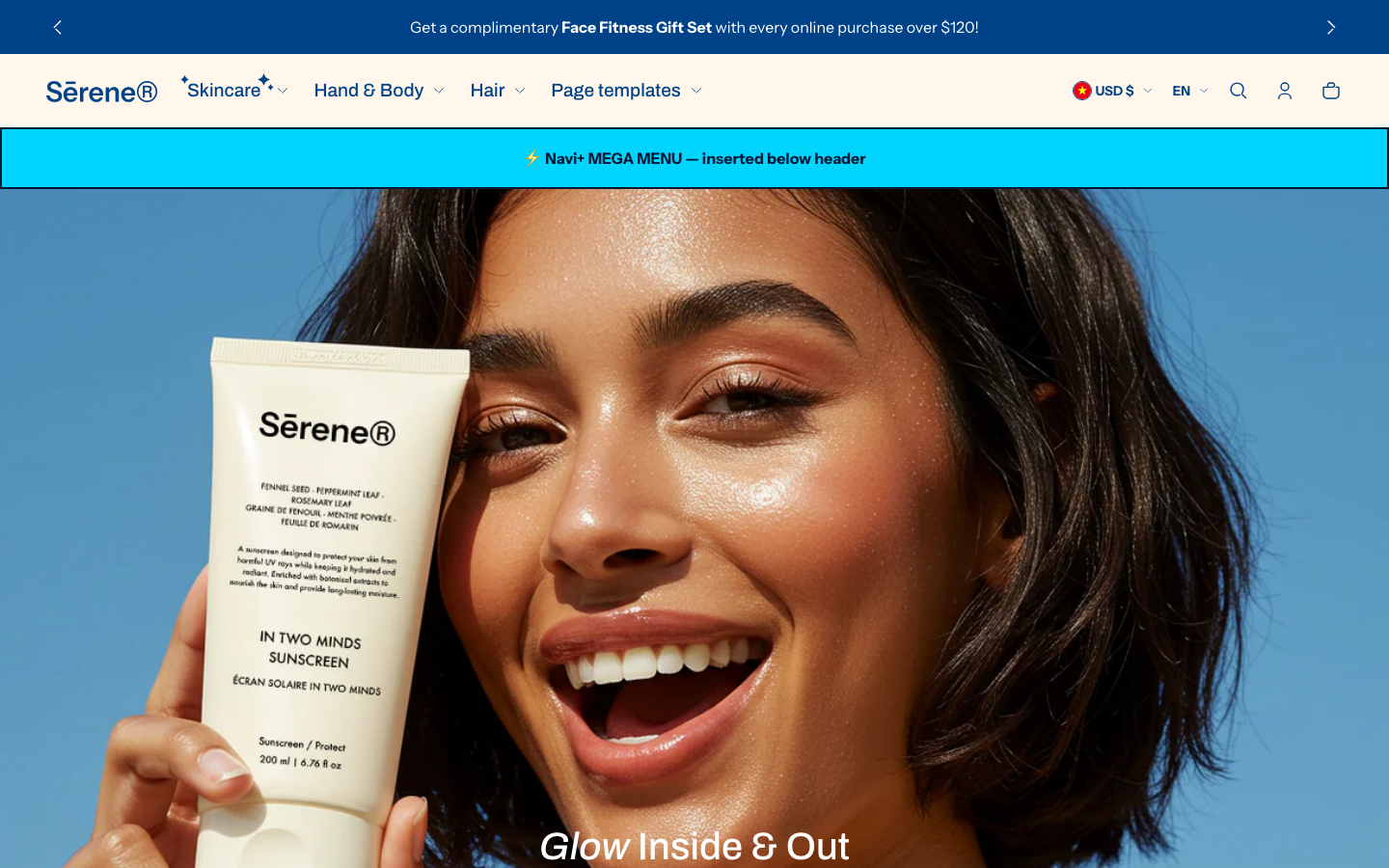Menu inserted below header — Navi+ on the Shine Shopify theme