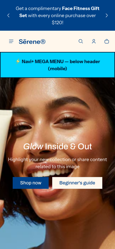 Menu inserted below header — Navi+ on the Shine Shopify theme