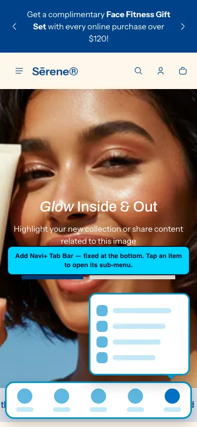 Navi+ Tab Bar on the Shine Shopify theme Navi+ Tab Bar on the Shine Shopify theme