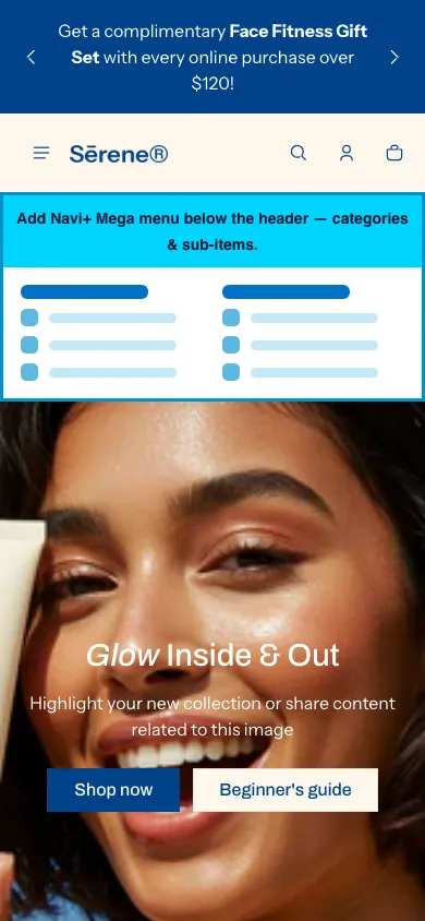 Navi+ mobile Mega Menu on the Shine Shopify theme Navi+ mobile Mega Menu on the Shine Shopify theme
