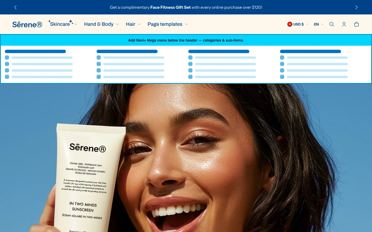 Navi+ Mega Menu inserted below the header on the Shine Shopify theme Navi+ Mega Menu inserted below the header on the Shine Shopify theme