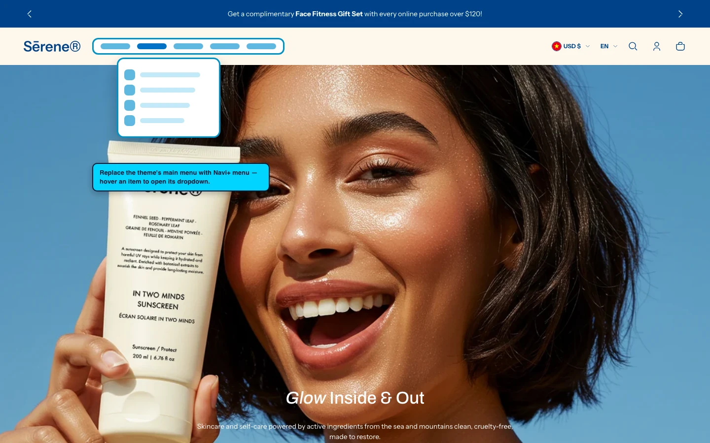 Navi+ Mega Menu replacing the desktop menu on the Shine Shopify theme Navi+ Mega Menu replacing the desktop menu on the Shine Shopify theme