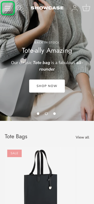 Hamburger → panel opened — Navi+ on the Showcase Shopify theme