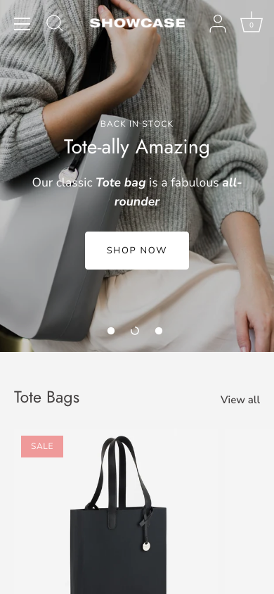 Hamburger → panel opened — Navi+ on the Showcase Shopify theme