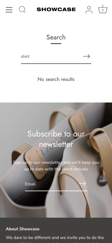 Search → panel opened — Navi+ on the Showcase Shopify theme