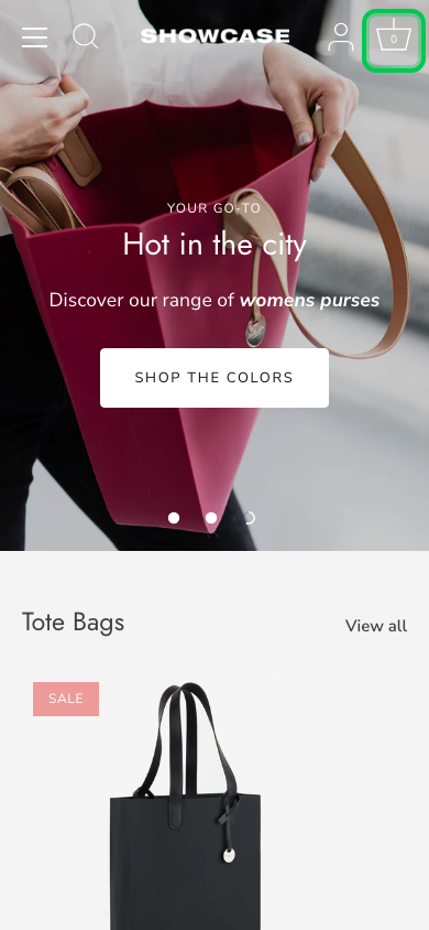 Cart → panel opened — Navi+ on the Showcase Shopify theme