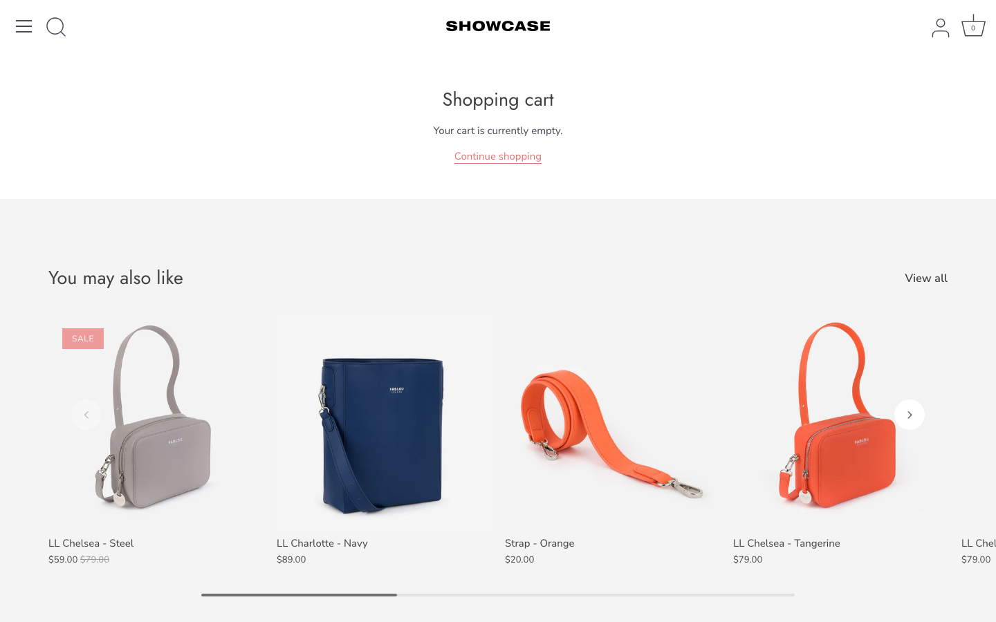 Cart → panel opened — Navi+ on the Showcase Shopify theme