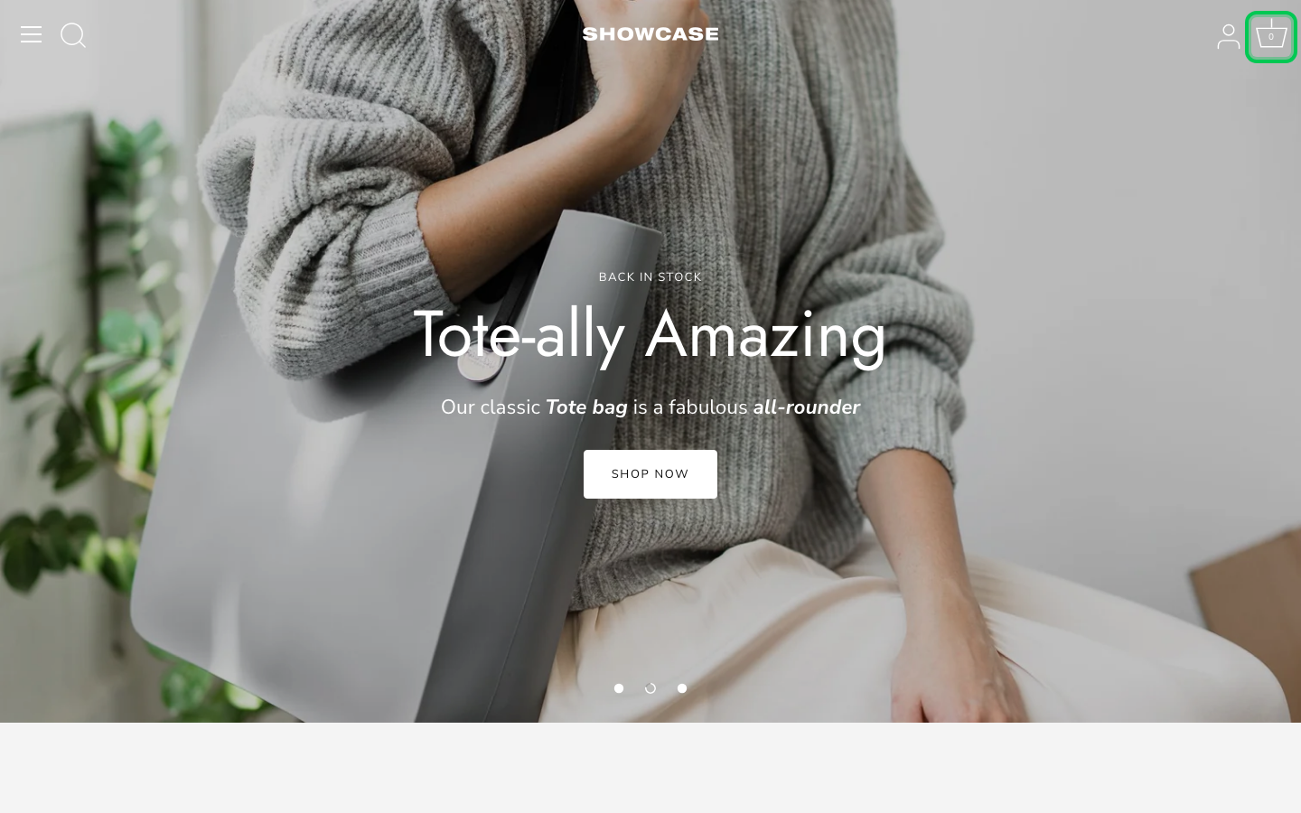 Cart → panel opened — Navi+ on the Showcase Shopify theme
