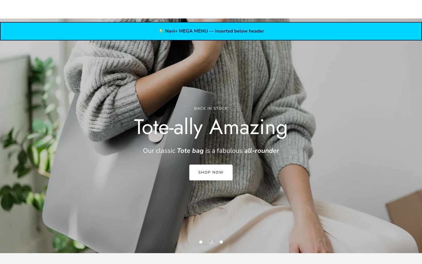 Menu inserted below header — Navi+ on the Showcase Shopify theme