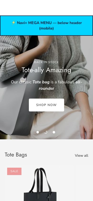 Menu inserted below header — Navi+ on the Showcase Shopify theme