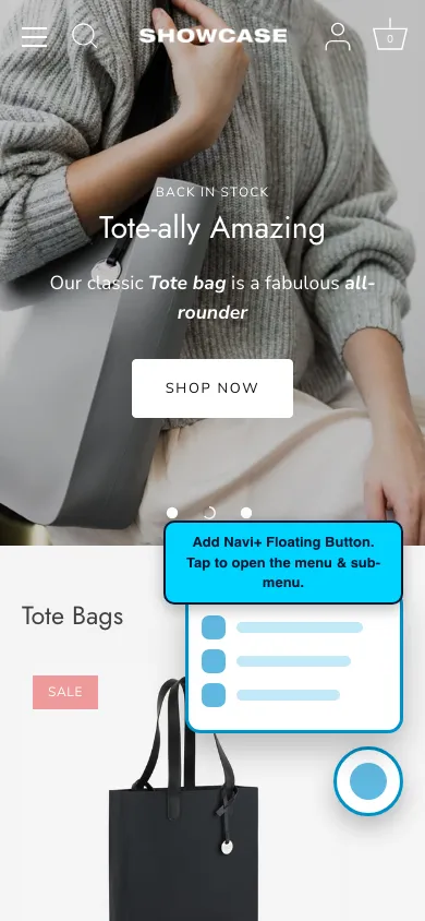 Navi+ FAB on the Showcase Shopify theme Navi+ FAB on the Showcase Shopify theme