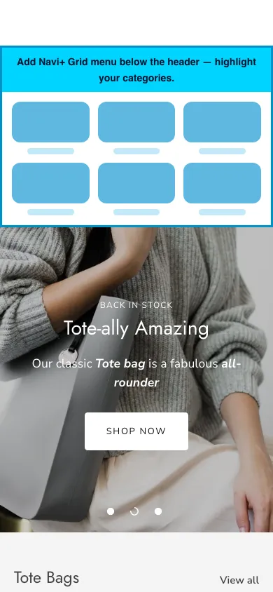 Navi+ Grid Menu on the Showcase Shopify theme Navi+ Grid Menu on the Showcase Shopify theme