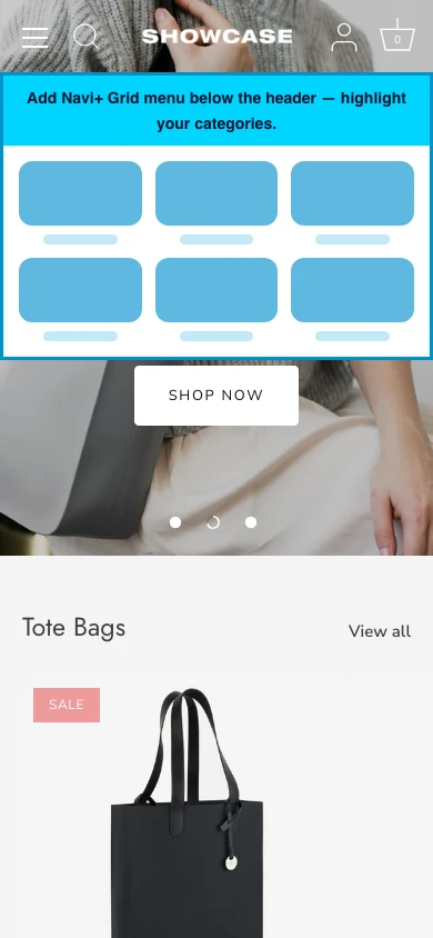 Navi+ Grid Menu on the Showcase Shopify theme Navi+ Grid Menu on the Showcase Shopify theme