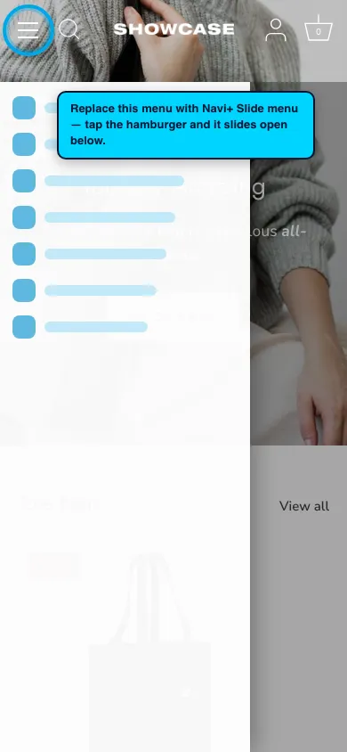 Navi+ Slide Menu on the Showcase Shopify theme Navi+ Slide Menu on the Showcase Shopify theme