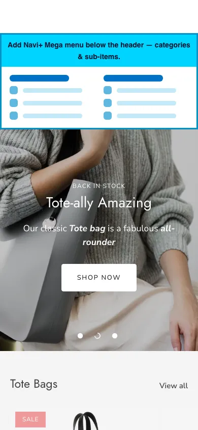 Navi+ mobile Mega Menu on the Showcase Shopify theme Navi+ mobile Mega Menu on the Showcase Shopify theme
