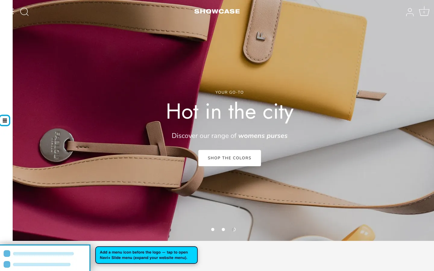 Navi+ trigger icon before the logo on the Showcase Shopify theme Navi+ trigger icon before the logo on the Showcase Shopify theme