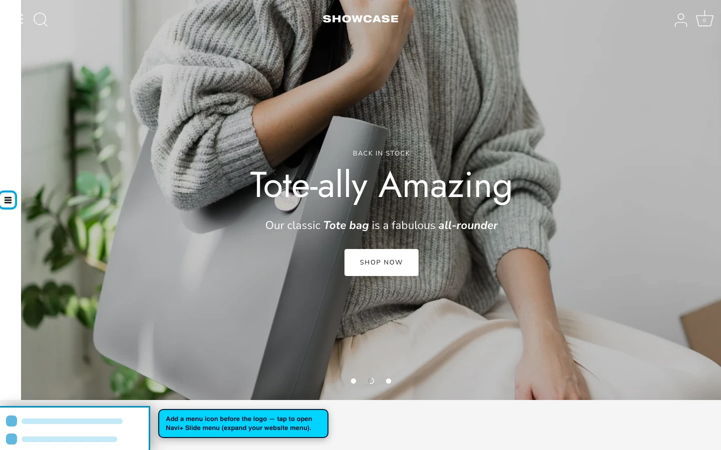 Navi+ trigger icon before the logo on the Showcase Shopify theme Navi+ trigger icon before the logo on the Showcase Shopify theme