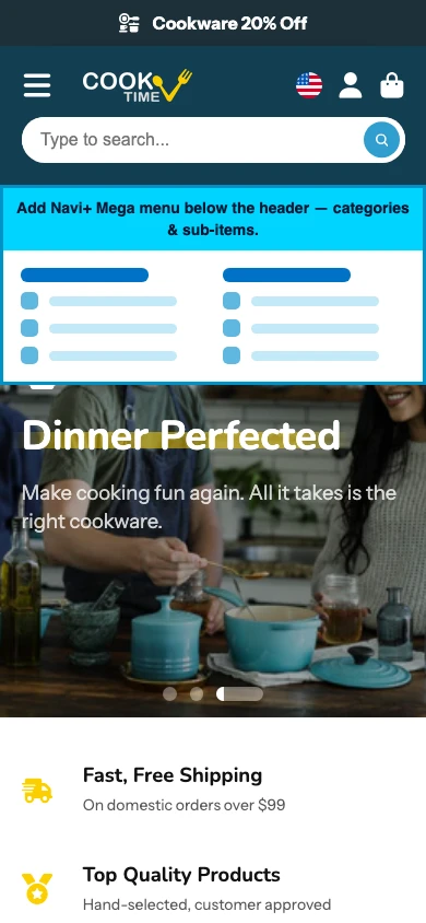 Navi+ mobile Mega Menu on the Showtime Shopify theme Navi+ mobile Mega Menu on the Showtime Shopify theme