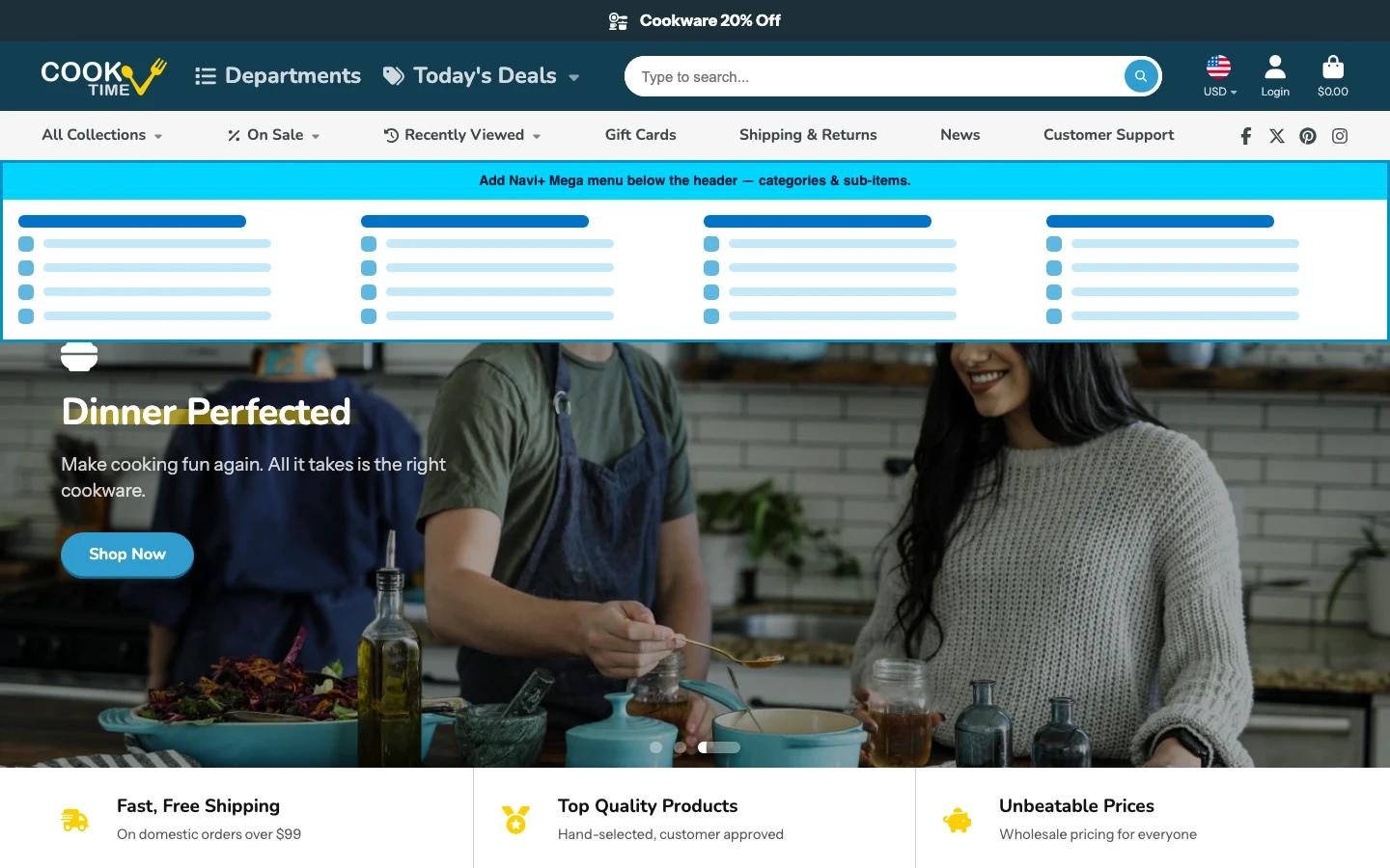 Navi+ Mega Menu inserted below the header on the Showtime Shopify theme Navi+ Mega Menu inserted below the header on the Showtime Shopify theme