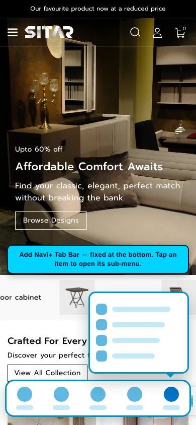 Navi+ Tab Bar on the Sitar Shopify theme Navi+ Tab Bar on the Sitar Shopify theme