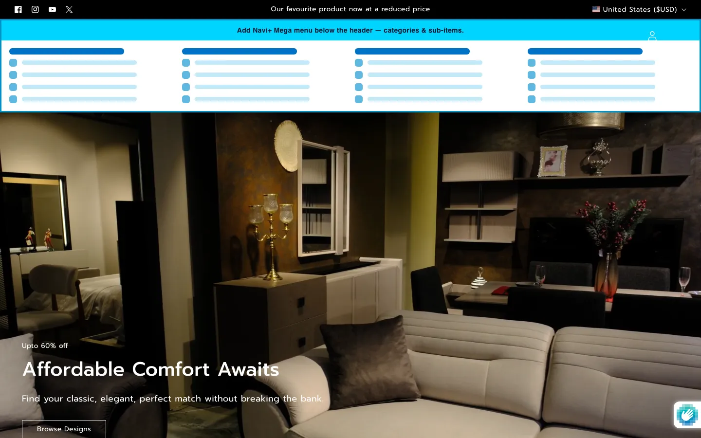 Navi+ Mega Menu inserted below the header on the Sitar Shopify theme Navi+ Mega Menu inserted below the header on the Sitar Shopify theme