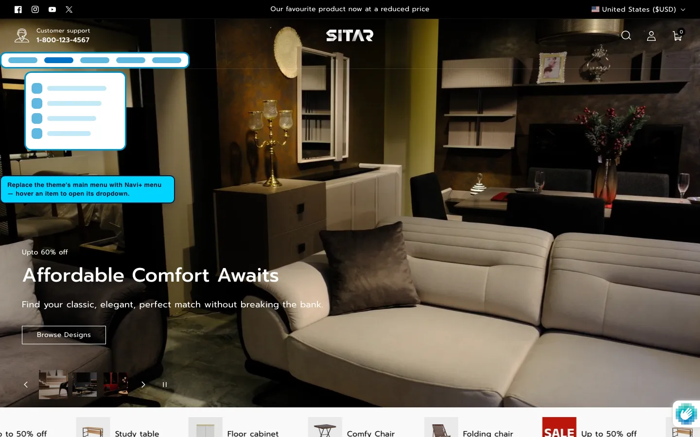 Navi+ Mega Menu replacing the desktop menu on the Sitar Shopify theme Navi+ Mega Menu replacing the desktop menu on the Sitar Shopify theme