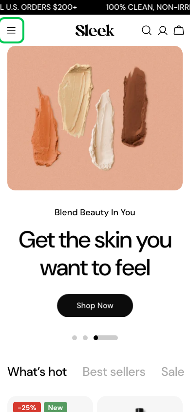 Hamburger → panel opened — Navi+ on the Sleek Shopify theme Hamburger → panel opened — Navi+ on the Sleek Shopify theme