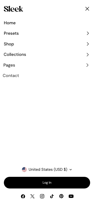 Hamburger → panel opened — Navi+ on the Sleek Shopify theme Hamburger → panel opened — Navi+ on the Sleek Shopify theme