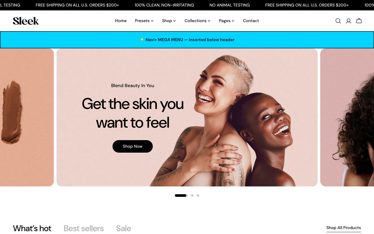 Menu inserted below header — Navi+ on the Sleek Shopify theme Menu inserted below header — Navi+ on the Sleek Shopify theme