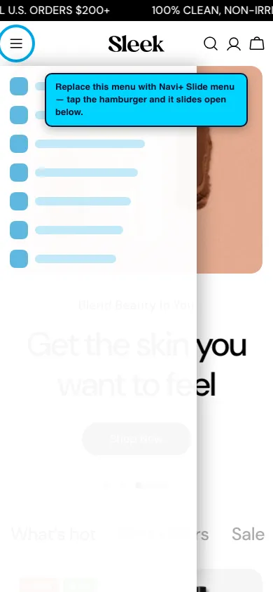 Navi+ Slide Menu on the Sleek Shopify theme Navi+ Slide Menu on the Sleek Shopify theme