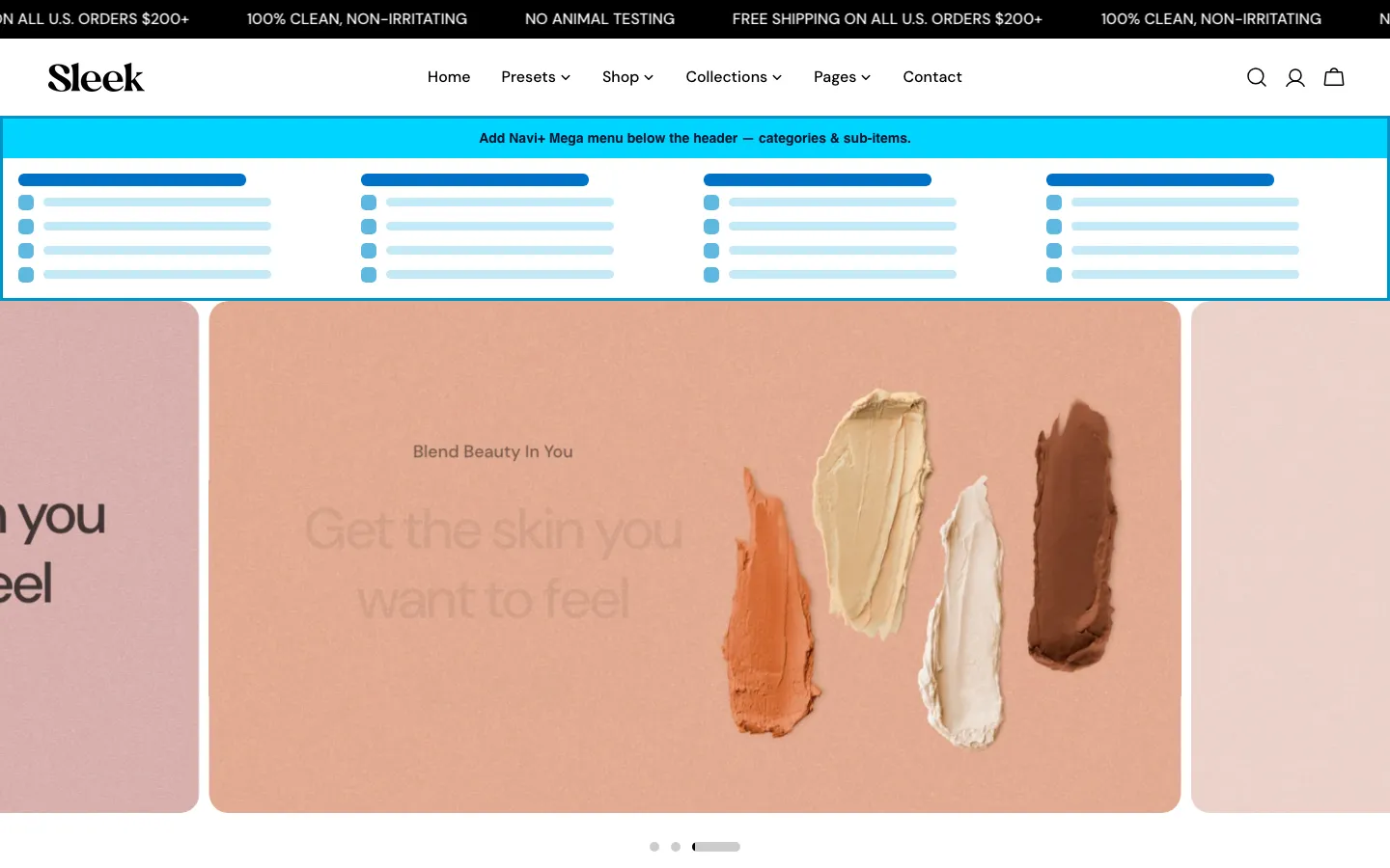 Navi+ Mega Menu inserted below the header on the Sleek Shopify theme Navi+ Mega Menu inserted below the header on the Sleek Shopify theme