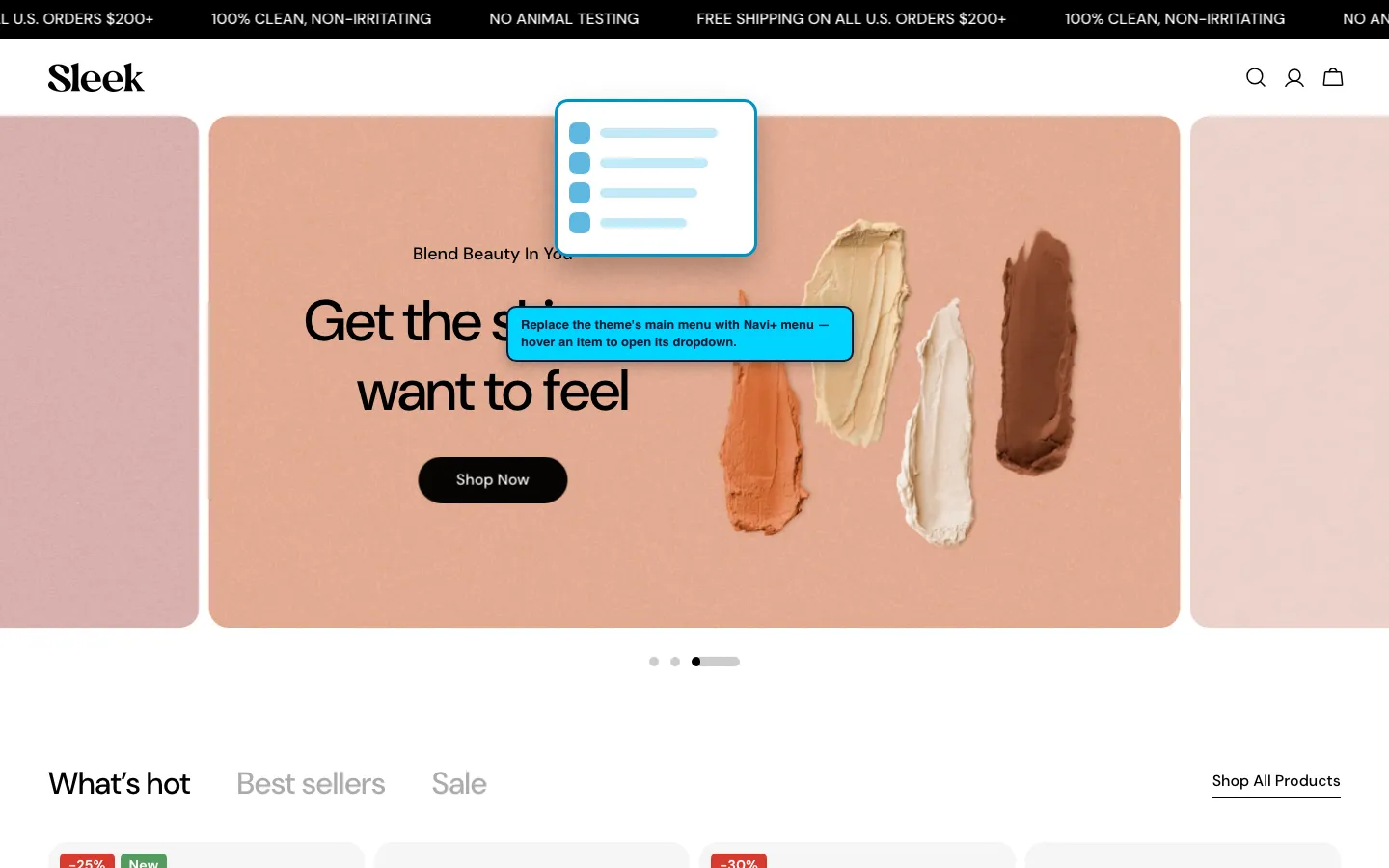 Navi+ Mega Menu replacing the desktop menu on the Sleek Shopify theme Navi+ Mega Menu replacing the desktop menu on the Sleek Shopify theme