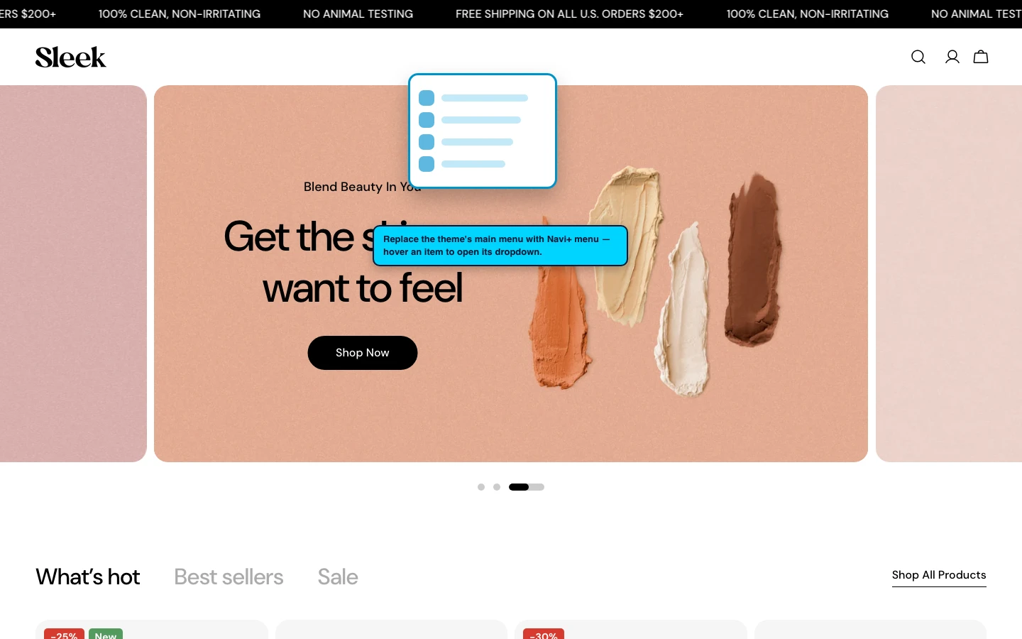 Navi+ Mega Menu replacing the desktop menu on the Sleek Shopify theme Navi+ Mega Menu replacing the desktop menu on the Sleek Shopify theme