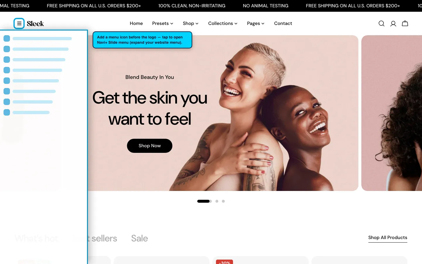 Navi+ trigger icon before the logo on the Sleek Shopify theme Navi+ trigger icon before the logo on the Sleek Shopify theme