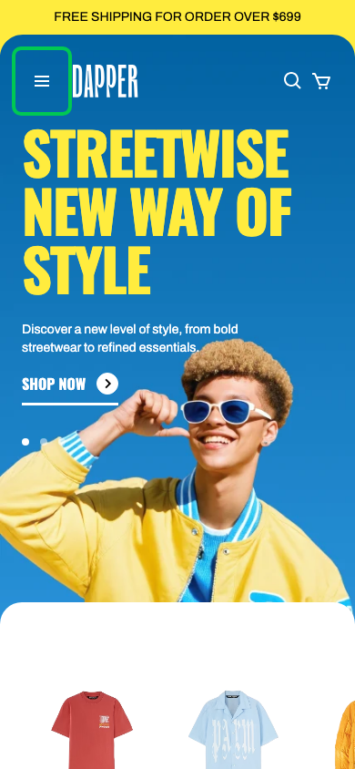 Hamburger → panel opened — Navi+ on the Snazzy Shopify theme Hamburger → panel opened — Navi+ on the Snazzy Shopify theme