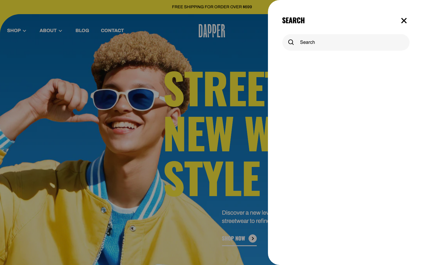 Search → panel opened — Navi+ on the Snazzy Shopify theme Search → panel opened — Navi+ on the Snazzy Shopify theme