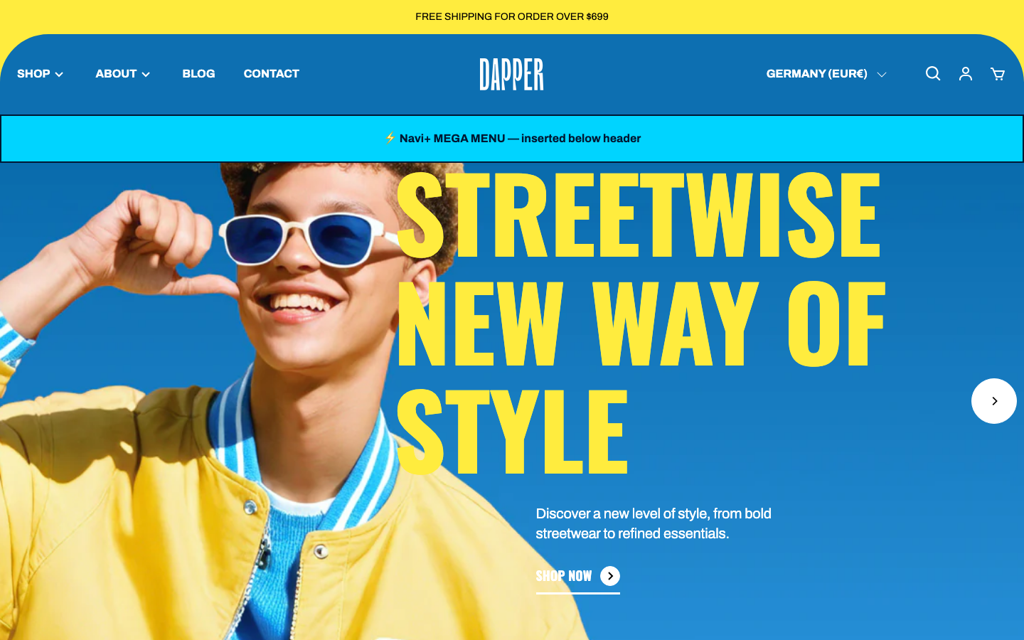 Menu inserted below header — Navi+ on the Snazzy Shopify theme Menu inserted below header — Navi+ on the Snazzy Shopify theme