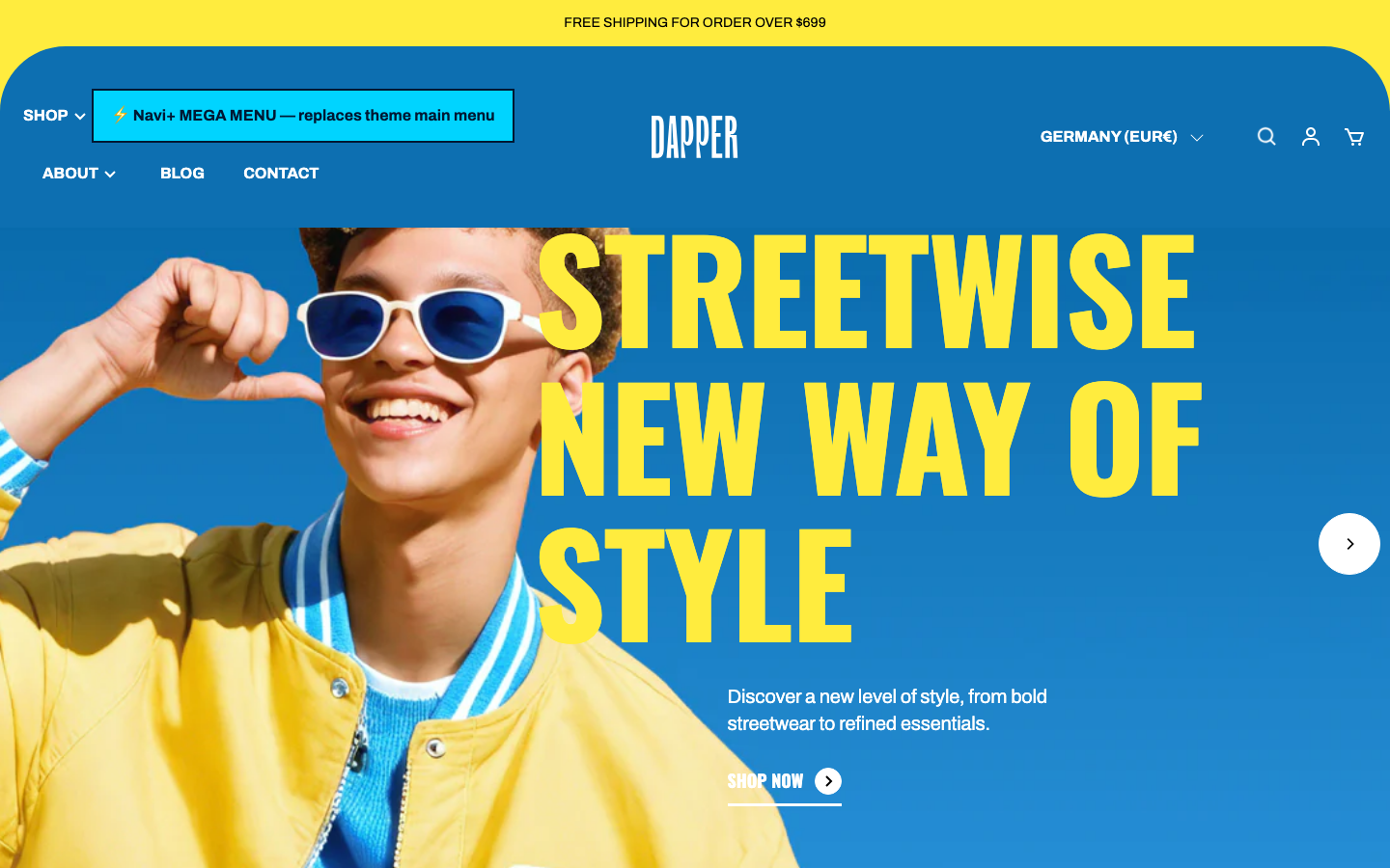 Replace main menu — Navi+ on the Snazzy Shopify theme Replace main menu — Navi+ on the Snazzy Shopify theme