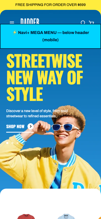 Menu inserted below header — Navi+ on the Snazzy Shopify theme Menu inserted below header — Navi+ on the Snazzy Shopify theme