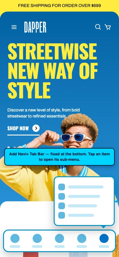 Navi+ Tab Bar on the Snazzy Shopify theme Navi+ Tab Bar on the Snazzy Shopify theme