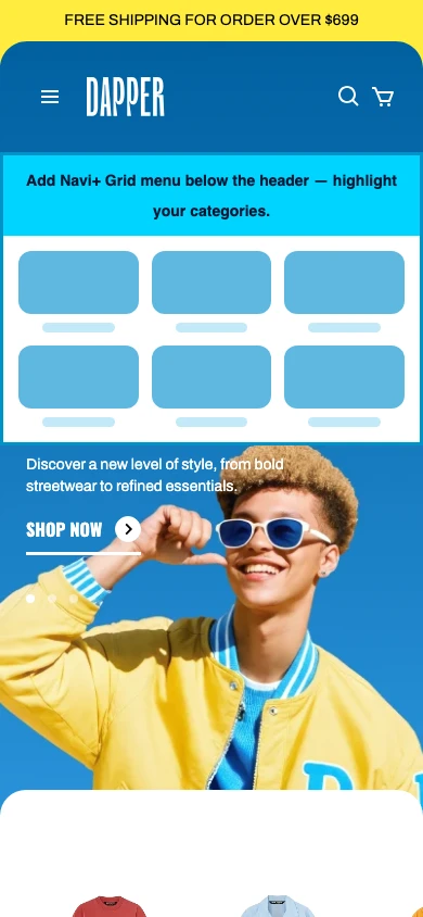 Navi+ Grid Menu on the Snazzy Shopify theme Navi+ Grid Menu on the Snazzy Shopify theme