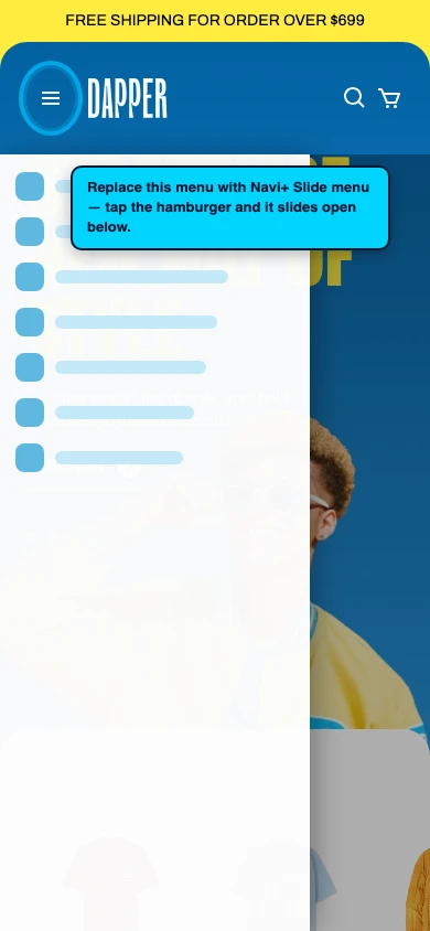 Navi+ Slide Menu on the Snazzy Shopify theme Navi+ Slide Menu on the Snazzy Shopify theme