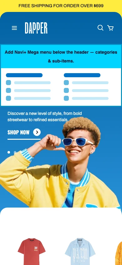 Navi+ mobile Mega Menu on the Snazzy Shopify theme Navi+ mobile Mega Menu on the Snazzy Shopify theme